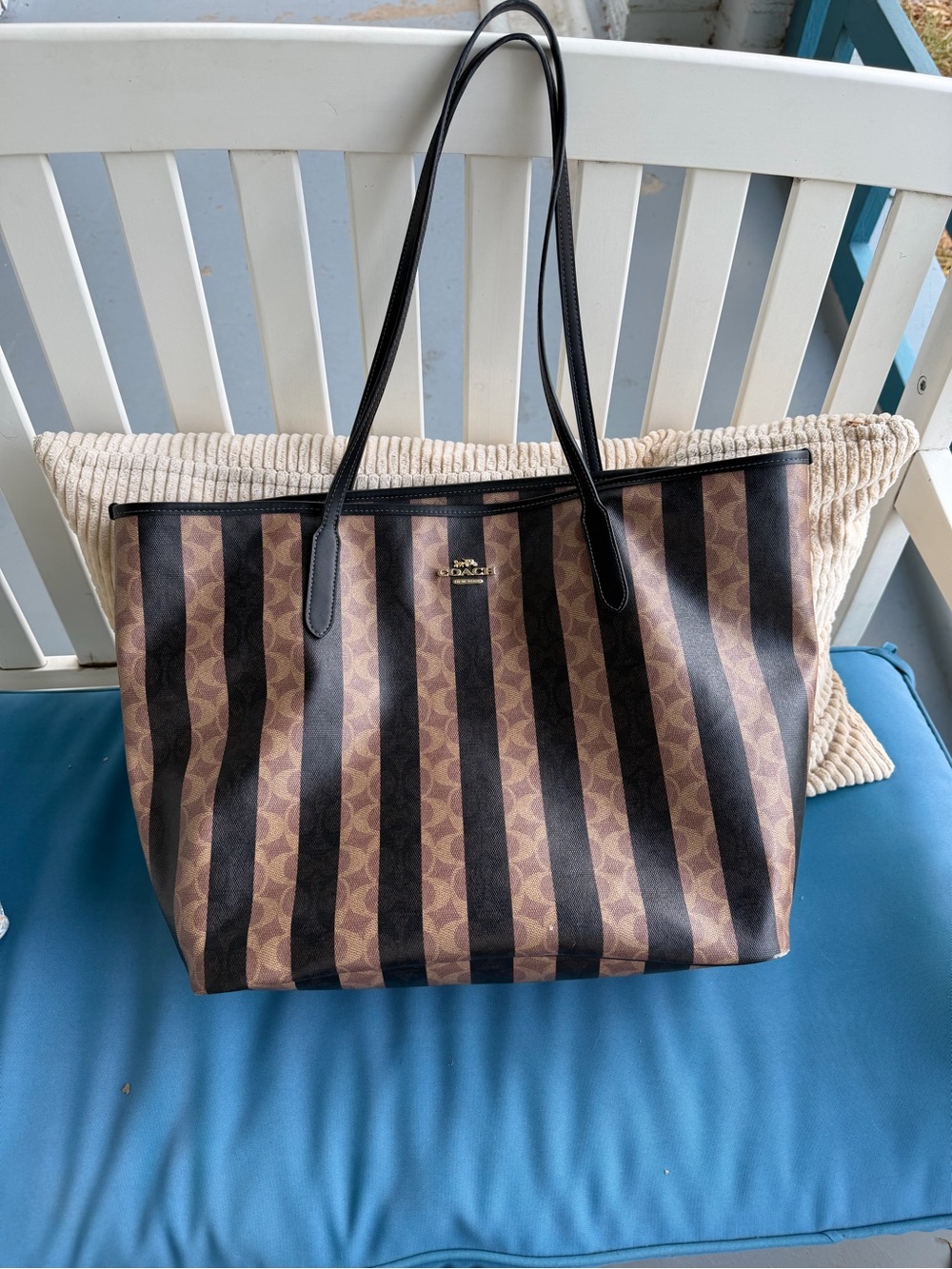 Coach Striped Signature Canvas Tote in Brown and Black